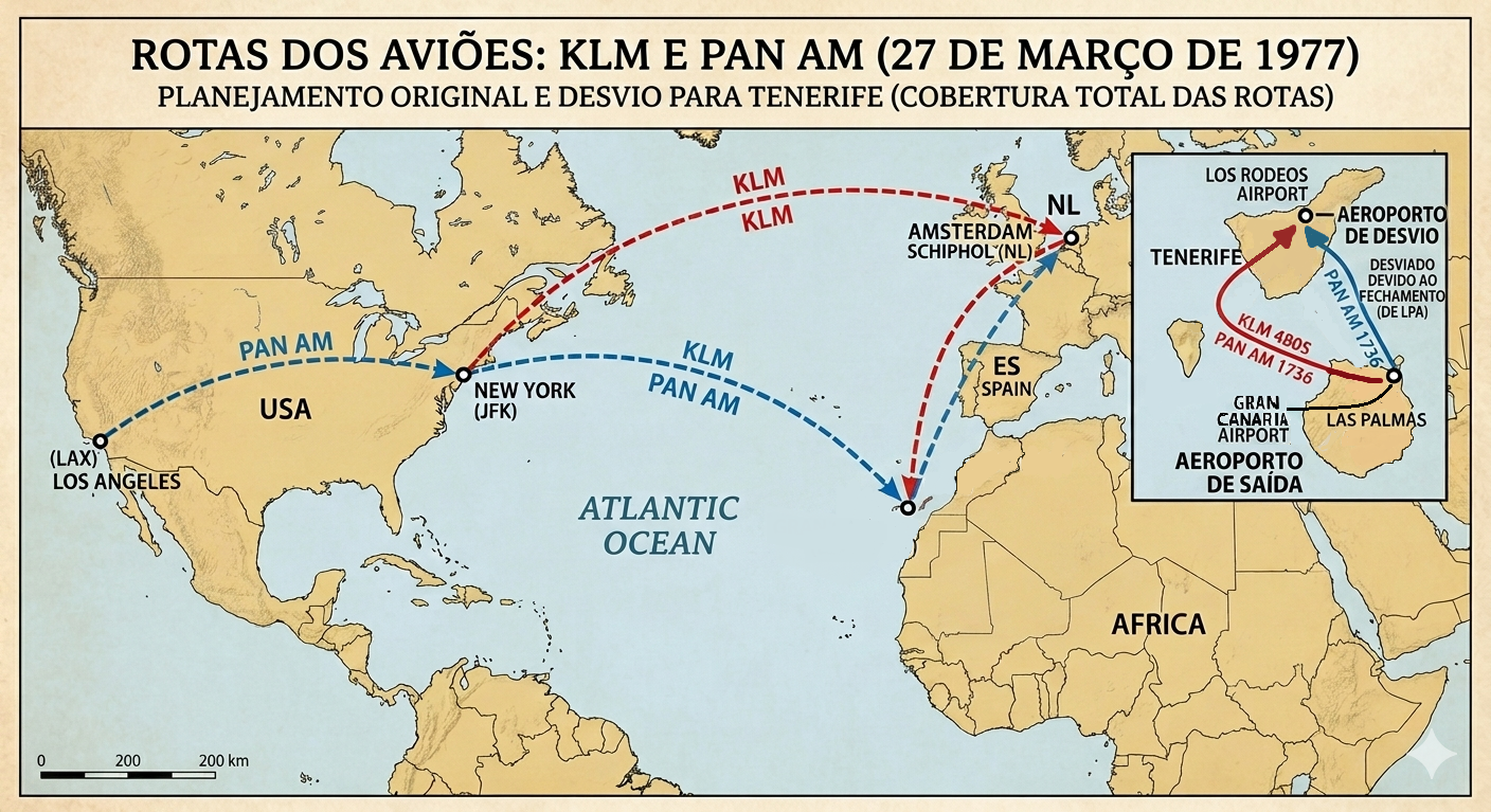 Mapa das rotas de ambos os aviões